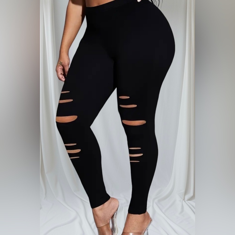 NWT Plus Size Solid Color Ripped Skinny Leggings, Casual Stretchy Leggings Women